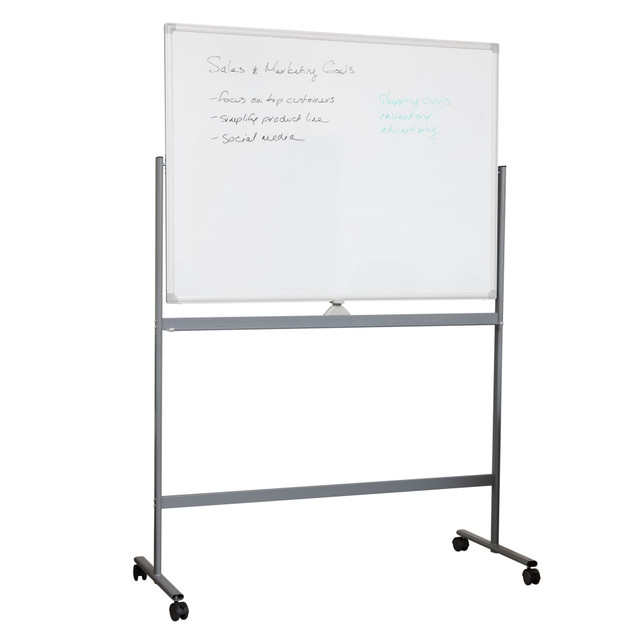 Enhance Your Productivity with a Dry Erase BoardIntroduce simplicity and efficiency to your life with this versatile dry erase board. Perfect for offices, classrooms, or even managing your household tasks, this tool is a game-changer for organizing and planning. This whiteboard comes with a robust rolling stand for easy mobility and features a double-sided magnetic board that rotates 360 degrees, effectively doubling your writing space. Though assembly is required, the operation is straightforward - a simple tab in the center locks the board in place and releases it for rotation.  Dual purpose: Use the board to write and quickly wipe clean or attach papers or notes with magnets  Store erasers and markers: Everything you need is within easy reach when you store supplies in the attached 2.5-inch wide tray  Durable and sturdy: Made from strong aluminum, the board stands up to repeated usage but is lightweight enough to roll wherever its needed  Portable and Durable: This whiteboard includes a sturdy aluminum rolling stand, and the magnetic board is double-sided and rotates 360 degrees for double writing space  Dimensions: The dry erase board and stand measure 49.5 inches long x 73.5 inches tall (125.73 x 186.69 centimeters). The double-sided board measures 47 inches long x 35.5 inches tall (119.39 x 90.17 centimeters) with a 2.5-inch wide tray  This product is heavy and/or oversized and may need more than one person to handle.