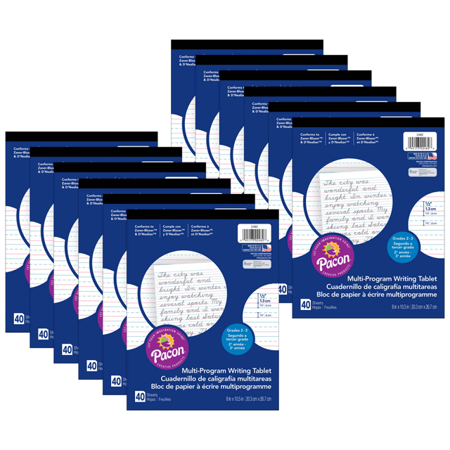 EDUCATORS RESOURCE PAC2482-12 Pacon Multi-Program Vertical Handwriting Tablets, 1/2in Ruled, 8in x 10-1/2in, White, 40 Sheets Per Tablet, Set Of 12 Tablets