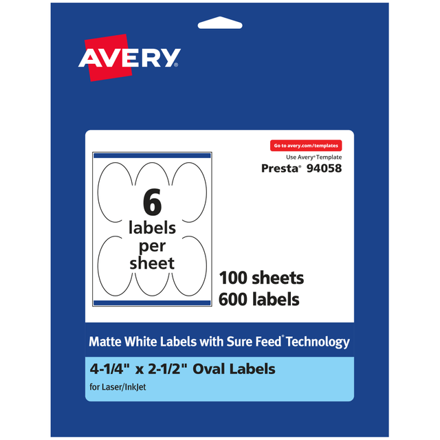 AVERY PRODUCTS CORPORATION 94058-WMP100 Avery Permanent Labels With Sure Feed, 94058-WMP100, Oval, 4-1/4in x 2-1/2in, White, Pack Of 600 AVERY PRODUCTS CORPORATION 94058-WMP100 Avery Permanent Labels With Sure Feed, 94058-WMP100, Oval, 4-1/4in x 2-1/2in, White, Pack Of 600