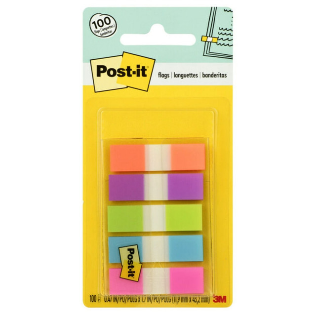 Find it fast with Post it Flags in primary eye-catching colors that get noticed. They make it simple to mark or highlight important information in textbooks, calendars, notebooks, planners and more. They stick securely, remove cleanly and come in a wide variety of colors. Draw attention to critical items that need attention. Use them to index, file or color code your work, either at home, in the office or in the classroom.  Find it fast.  Flags make it simple to mark and highlight important information.  Ideal for drawing attention to information in documents without writing on them.  Use to draw attention to critical items, organize files or color-coding.  Make it simple to request action.  Sticks securely, removes cleanly.  The dispenser keeps flags organized and easy to find.  Assorted Primary and Bright Colors, .47 in. wide.  100 per dispenser, 1 dispenser per pack