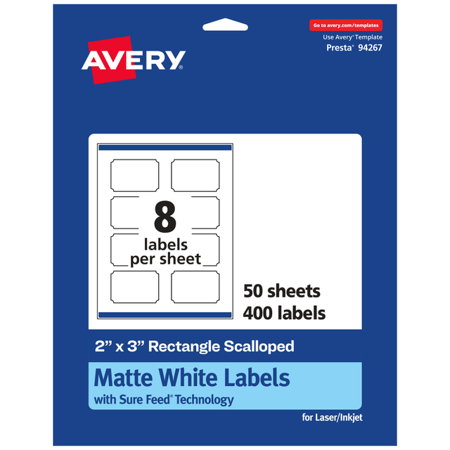AVERY PRODUCTS CORPORATION 94267-WMP50 Avery Permanent Labels With Sure Feed, 94267-WMP50, Rectangle Scalloped, 2in x 3in, White, Pack Of 400 AVERY PRODUCTS CORPORATION 94267-WMP50 Avery Permanent Labels With Sure Feed, 94267-WMP50, Rectangle Scalloped, 2in x 3in, White, Pack Of 400