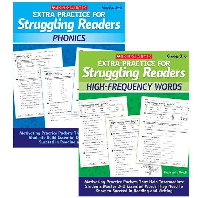 Make sure your little one gets the reinforcement needed to succeed with the Scholastic Teacher Resources Extra Practice For Struggling Readers Bundle. This set comes with Phonics and High-Frequency Words workbooks to help struggling readers achieve success.  Practice pages to allow those struggling with reading several opportunities to recognize, review and reinforce important phonics elements, including long and short vowels, consonants, blends, digraphs and more.  Helps students develop automatic recognition of many must-know words.  Comes with Phonics and High-Frequency Words workbooks.