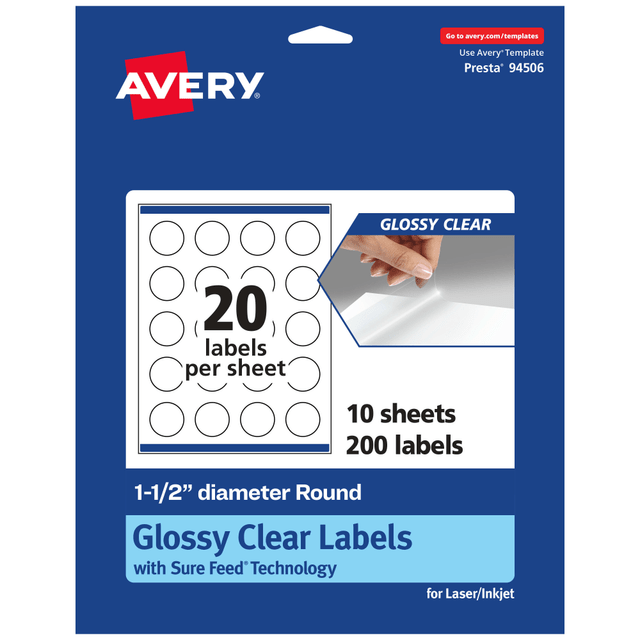 AVERY PRODUCTS CORPORATION 94506-CGF10 Avery Glossy Permanent Labels With Sure Feed, 94506-CGF10, Round, 1-1/2in Diameter, Clear, Pack Of 200 AVERY PRODUCTS CORPORATION 94506-CGF10 Avery Glossy Permanent Labels With Sure Feed, 94506-CGF10, Round, 1-1/2in Diameter, Clear, Pack Of 200