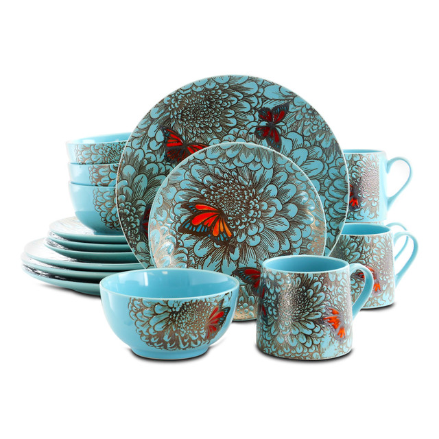 MEGAGOODS, INC. Elama 995103342M  16-Piece Stoneware Dinnerware Set, Butterfly Garden