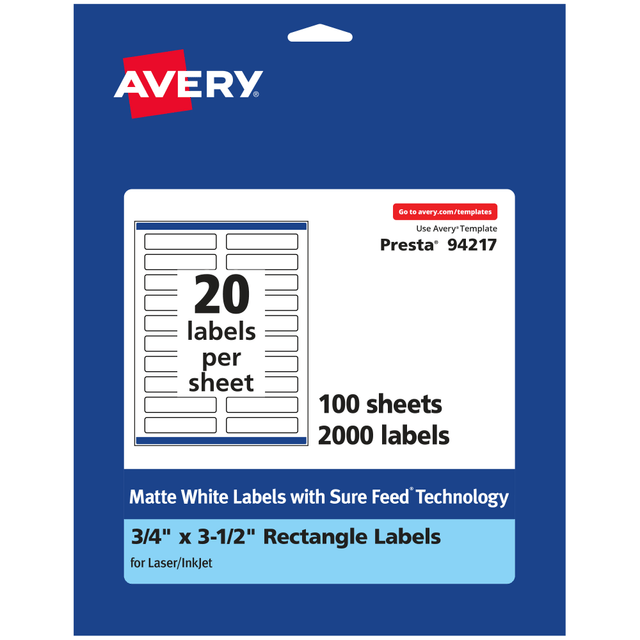 AVERY PRODUCTS CORPORATION 94217-WMP100 Avery Permanent Labels With Sure Feed, 94217-WMP100, Rectangle, 3/4in x 3-1/2in, White, Pack Of 2,000 AVERY PRODUCTS CORPORATION 94217-WMP100 Avery Permanent Labels With Sure Feed, 94217-WMP100, Rectangle, 3/4in x 3-1/2in, White, Pack Of 2,000