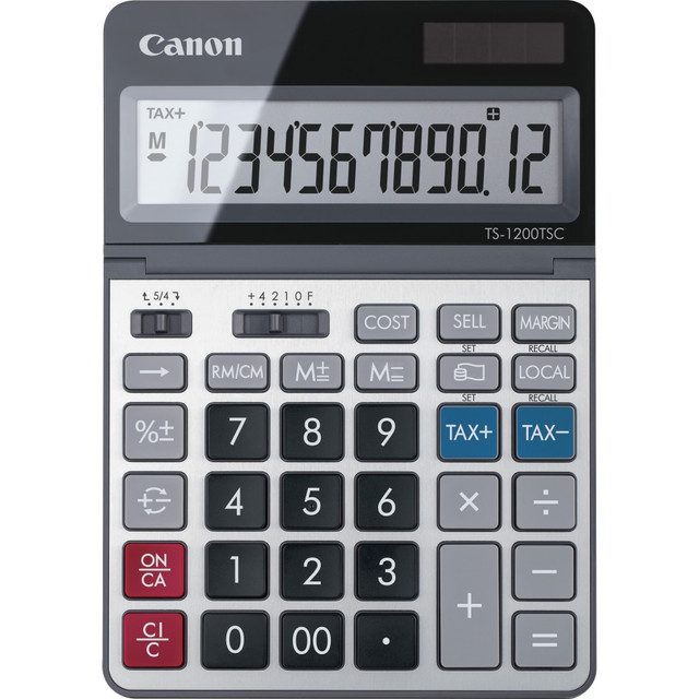 Tackle complex equations and ace mathematics with this Canon desktop calculator. A 12-digital interface shows detailed answers to complex calculations, while a metal face plate provides durability and supports hassle-free cleaning. Featuring financial functions for tax and currency conversion, this device is ideal for accounting. This Canon desktop calculator has an adjustable LCD for customizing the viewing angle, and the memory keys retrieve saved numbers.  Adjustable angled LCD shows up to 12 digits.  Features specialty functions for tax and currency conversion.  Memory keys save numbers for later use.  Metal faceplate provides structural support.