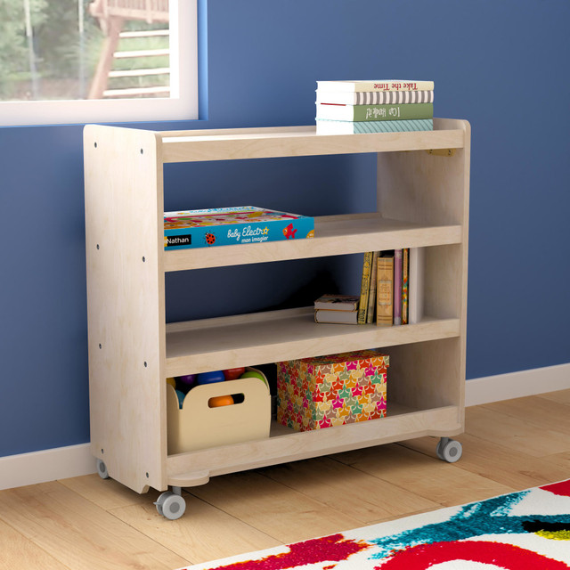 You can organize books and other learning materials with help from the Flash Furniture Bright Beginnings Commercial-Grade Space-Saving Wooden Mobile Classroom Storage Cart With Locking Caster Wheels. Engineered birch plywood construction is built to handle everyday use, and 4 shelves let you separate classroom essentials.  Made of engineered birch plywood to resist yellowing, stains and scratches.  4 shelves to sort things out.  Reachable height allows toddlers to grab items.  Locking casters to keep it in place.  Rounded edges help prevent damage from accidents.  Weight capacity tested to support up to 100 lb.  Wipe clean with a damp cloth.  Assembly required.  Backed by the manufacturers 3-year limited warranty.
