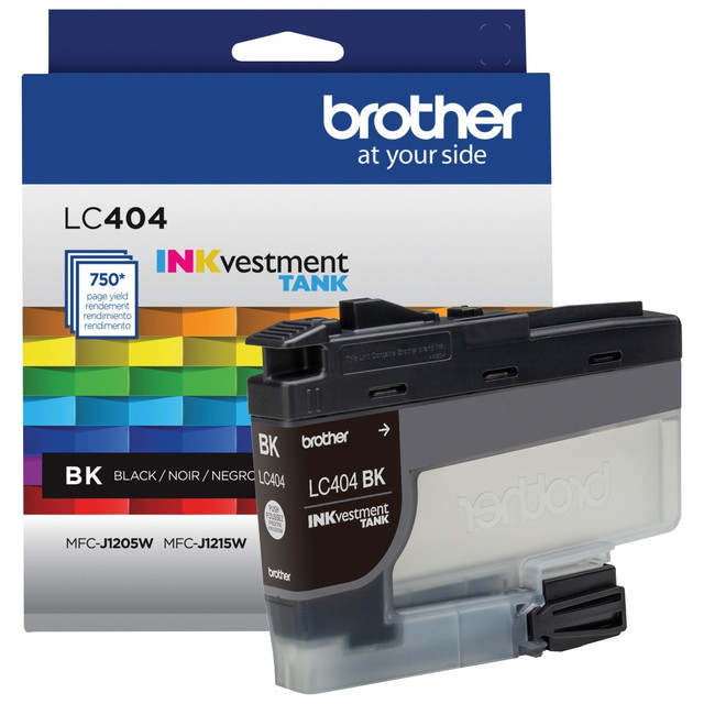 Compatible Brother models: MFC : MFC-J1205W, MFC-J1205WXL, MFC-J1215W.  .  Replenish your compatible printer with a fresh Brother INKvestment LC404BKS Black Ink Tank. Brother genuine ink delivers crisp, bold text and images to help your projects look professional.  Yields up to 750 pages.  Delivers sharp prints that withstand the test of time.  Front-loading tank continually supplies ink to your internal tank for mess-free refills.  Recycling solution - designed to encourage recycling, helping you divert materials from landfill.