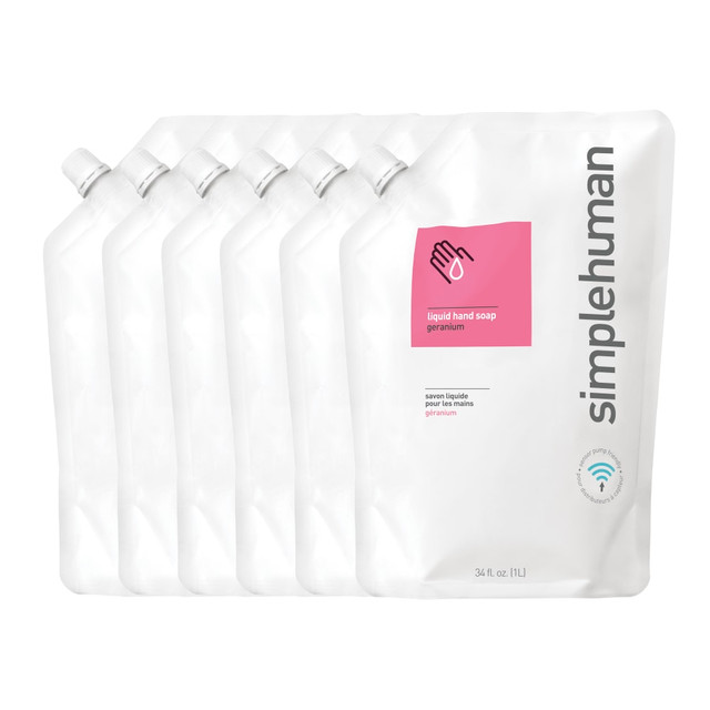 SIMPLEHUMAN LLC CT1018 simplehuman Moisturizing Liquid Hand Soap, Geranium Scent, 34 Oz, Carton Of 6 Pouches SIMPLEHUMAN LLC CT1018 simplehuman Moisturizing Liquid Hand Soap, Geranium Scent, 34 Oz, Carton Of 6 Pouches