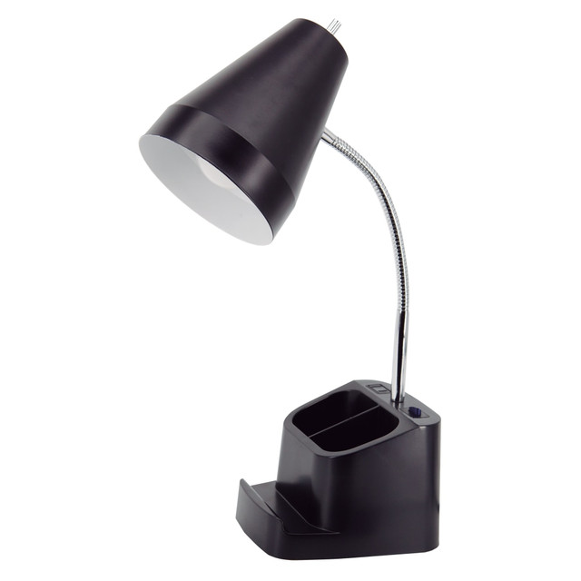 Keep your space organized and well lit with the Realspace Lusina LED Organizer Desk Lamp With USB. Bright light can be focused anywhere you need it thanks to the gooseneck arm, and the organizer compartments built into the base help you keep pens, pencils and other supplies close.  Requires a 9W LED bulb (included) or a 40W incandescent bulb.  1A USB charging port & built in power outlet built in power outlet.  Base includes a smart device holder & compartments for supplies.  Durable plastic and metal base.  Rotary switch allows for simple on/off.  5-7/16' cord can reach a distant outlet.  Save time - no assembly required.  Includes one 800 lumen 9-watt LED bulb. Rated average life approximately 30,000 hours.  Green rating based on energy efficient light bulb.  Energy efficient - designed to use less energy than alternative products, potentially helping you save money and reduce your carbon footprint.