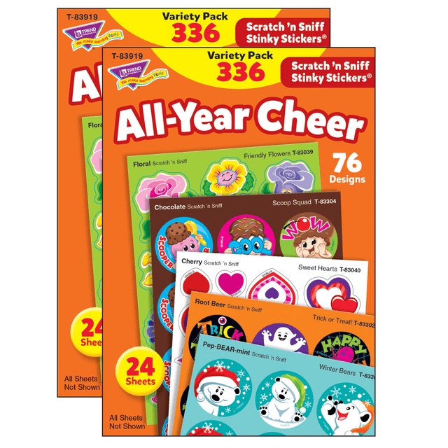 Encourage students to perform their best with motivational Trend Stinky Stickers. Each fun sticker has a unique scent that students will love to collect.  Fun sticker shapes with delightful scents.  Non-toxic and acid-free.  Scents contain no nut oils.  Includes 672 stickers total.