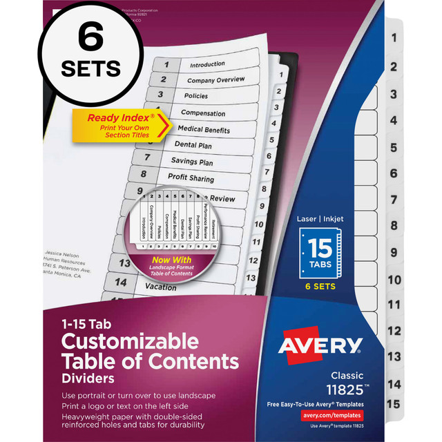 AVERY PRODUCTS CORPORATION 11825 Avery Ready Index Dividers, 1-15 Tab & Customizable Table Of Contents, Letter Size, Black/White ,15 Tabs Per Pack, Set Of 6 Packs