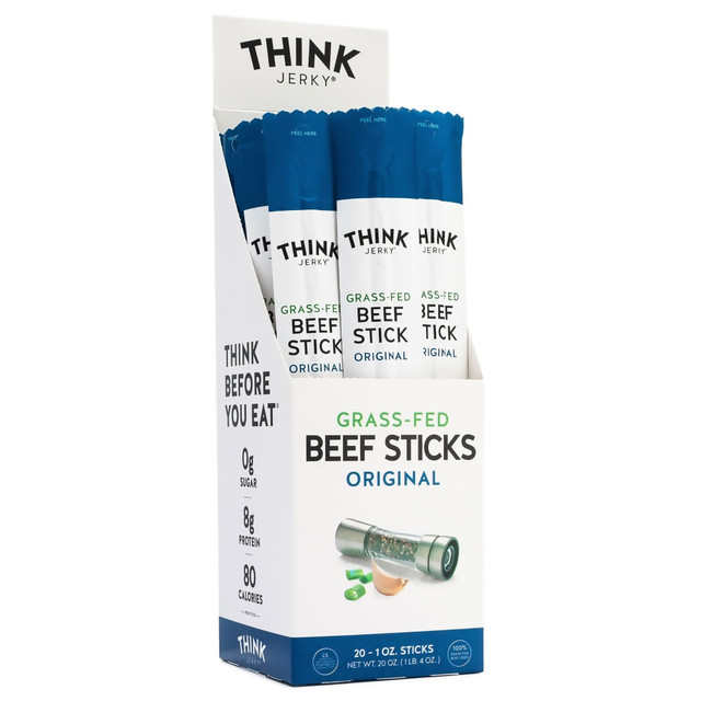 Pick the healthy snack after workouts and at lunchtime with Think Jerky Grass-Fed Beef Sticks. These snacks pack protein from 100% grass-fed cows for a natural and healthy bite with only 40 calories.  Beef sticks are from 100% grass-fed cows.  Meat has been slow cooked and seasoned to perfection for the ideal flavor and quality.  Sticks make a great snack for post-workouts and lunch.  Gluten-, nitrate-, antibiotic- and preservative-free.  Includes 20 beef sticks total.