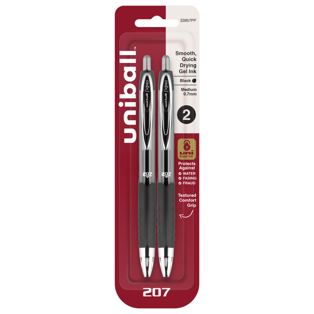 MITSUBISHI PENCIL CO.UK LTD 33957PP uni-ball Signo Gel 207 Retractable Gel Pens, Medium Point, 0.7 mm, Black Barrel, Black Ink, Pack Of 2 MITSUBISHI PENCIL CO.UK LTD 33957PP uni-ball Signo Gel 207 Retractable Gel Pens, Medium Point, 0.7 mm, Black Barrel, Black Ink, Pack Of 2
