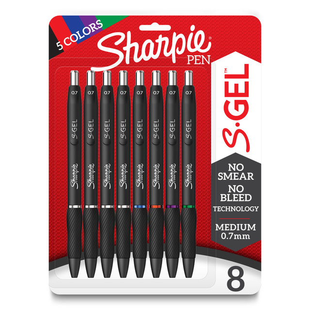 The impact of Sharpie is now in a gel pen with the Sharpie S-Gel! The must-have gel pen features no smear, no smudge, no bleed technology-leaving only your best work behind. The specially formulated ink glides effortlessly across the page and delivers always-vivid writing. It"s a high-performance gel pen with a sleek, professional look that makes it a writing instrument you wonT want to loan out. And the contoured rubber grip makes for comfortable writing during any task. Nothing feels as smooth as putting pen to paper with Sharpie S-Gel!  Always smooth gel pens with no smear, no smudge, no bleed technology  Intensely bold gel ink colors offer always vivid writing  Contoured rubber grip for a comfortable writing experience  Sleek, contoured body for a professional look  Includes 2 black, 2 blue, 2 red, 1 green and 1 purple.  Refillable - designed to be used repeatedly, helping you avoid single-use disposables and potentially save money.