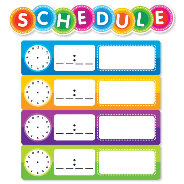 Great for managing your classroom and lesson plans, this set comes with 20 schedule cards and a banner. The cards can be filled in to suit your needs, so each weeks plan is unique.  Includes 20 fill-in schedule cards and a 20 1/4in x 4in banner. Cards measure 12in x 3in for easy viewing.  Colorful pieces help set your schedule, so children know whats planned for the week.  Comes with an activity guide.