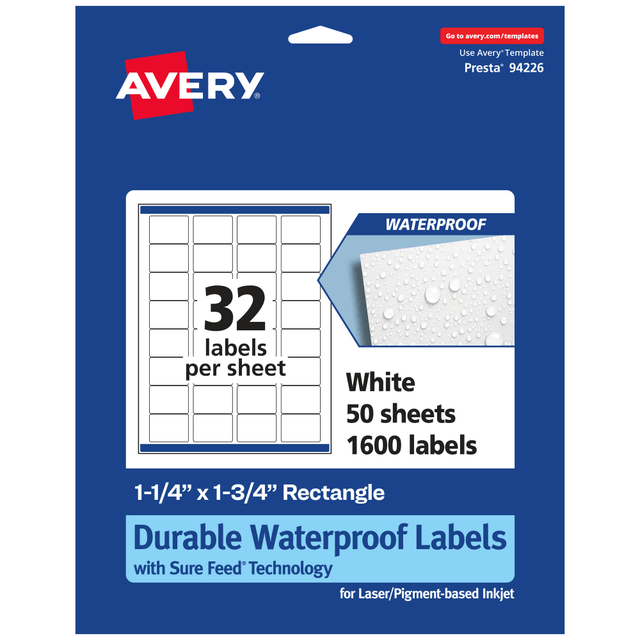 AVERY PRODUCTS CORPORATION 94226-WMF50 Avery Waterproof Permanent Labels With Sure Feed, 94226-WMF50, Rectangle, 1-1/4in x 1-3/4in, White, Pack Of 1,600 AVERY PRODUCTS CORPORATION 94226-WMF50 Avery Waterproof Permanent Labels With Sure Feed, 94226-WMF50, Rectangle, 1-1/4in x 1-3/4in, White, Pack Of 1,600