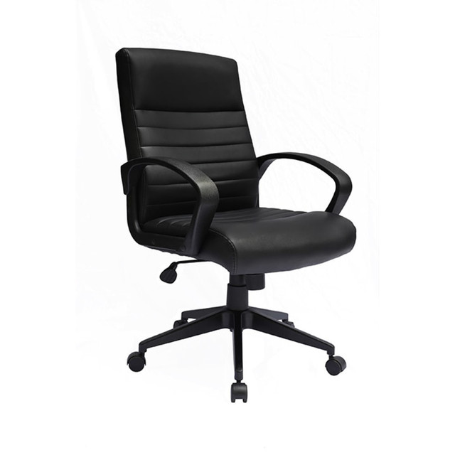Stay comfortable during the workday while seated in the Boss Ribbed Back Ergonomic Faux Leather High-Back Task Chair. Sleek faux leather upholstery offers a modern look. Integrated lumbar support helps to reduce fatigue during long periods of sitting.  Ergonomic chair allows for comfort throughout the day.  Recommended for performance use 6-8 hours per day.  Weight capacity tested to support 275 lb.  Overall Dimensions: 42-1/2inH x 24-1/2inW x 28-1/2inD.  High back.  Integrated lumbar support.  Faux leather upholstery.  Adjustable office chair with seat height and tilt tension adjustments.  Swivel seat.  Arched armrests.  Dual wheel 2in nylon casters.  Assembly required.  Backed by the manufacturer's 1-year limited warranty.  Antimicrobial is an agent that kills microorganisms or stops their growth.  Faux Leather is a synthetic material. See specs for details.