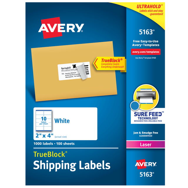 AVERY PRODUCTS CORPORATION 5163 Avery TrueBlock Shipping Labels With Sure Feed Technology, 5163, Rectangle, 2in x 4in, White, Pack Of 1,000 AVERY PRODUCTS CORPORATION 5163 Avery TrueBlock Shipping Labels With Sure Feed Technology, 5163, Rectangle, 2in x 4in, White, Pack Of 1,000