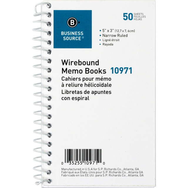 SP RICHARDS 10971 Business Source Side Wirebound Ruled Memo Book - 50 Sheet(s) - Wire Bound - 3in x 5in Sheet Size - White - 1 Dozen SP RICHARDS 10971 Business Source Side Wirebound Ruled Memo Book - 50 Sheet(s) - Wire Bound - 3in x 5in Sheet Size - White - 1 Dozen