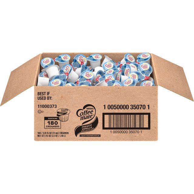 Add a splash of excitement to any cup with these convenient Coffee-mate single serve creamers. Ideal for office breakrooms, hotel rooms, buffet breakfasts or for simply packing in your purse to personalize your takeout coffees, these little jiggers are packed with flavor.  Deliciously rich, velvety smooth classic with bright vanilla notes  Nondairy liquid in convenient, single-serve packets great for home or to-go  Use in the office and foodservice establishments for a simple, coffee creamer solution  Lactose-free, cholesterol-free, gluten-free and kosher dairy  No refrigeration necessary  Always a favorite, French Vanilla flavor creamer brings a little class to your morning coffee.  Carton of 180 single serve tubs.