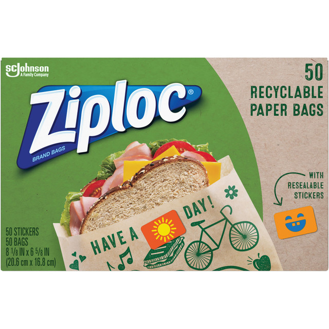 S.C. JOHNSON & SON, INC. 321143 Ziploc Recyclable Paper Sandwich Bags, Brown, Box Of 50 Bags