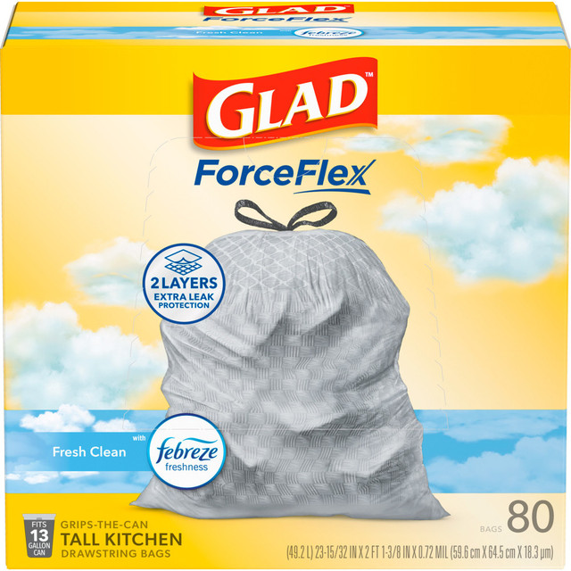 Let the stretchable strength of Glad ForceFlex handle all the messes our busy daily life can throw at it and then some. Glad Tall Kitchen Drawstring Trash Bags are designed with ForceFlex technology to give extra flex as it expands around sharp edges and heavy loads, so you can pack it in while resisting tears, rips and punctures. These trash bags are designed with two layers for extra leak protection. RipGuard and LeakGuard technology prevent seepage of liquids and keep trash contained. Fight nasty kitchen odors with the exclusive Glad trash bag combination of steady release of Febreze freshness and irresistible Gain Fresh Clean scent that traps, locks and neutralizes odors. The durable Grips The Can Drawstring ensures a tight grip on the trash can to keep it in place. Take the trash to the curb with no fear of leaks and tears, and no frustration. FEBREZE and GAIN are used under license from The Procter and Gamble Company or its affiliates.  FORCEFLEX STRENGTH: Glad's trusted ForceFlex technology allows the bag to stretch and expand over heavy loads with sharp edges, delivering durable strength, packaging may vary  GAIN FRESH CLEAN SCENT: Enjoy the steady release of Gain Fresh Clean with Febreze Freshness, a delightful addition to your kitchen or household environment  2 LAYERS EXTRA LEAK PROTECTION: These kitchen trash bags are designed to uniquely trap liquids and prevent leaks and are strong enough to handle the heaviest loads  ODOR PROTECTION: Provides lasting freshness with OdorShield technology that traps, locks and neutralizes kitchen odors, helping to keep your kitchen smelling clean  GREAT FOR COMMERCIAL USE: Ideal for use in offices, day care centers, schools, hotels, restaurants and other commercial facilities