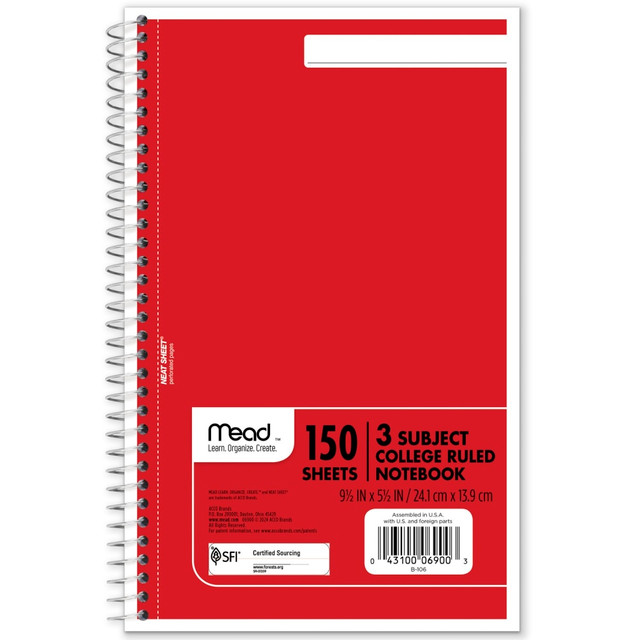 ACCO BRANDS USA, LLC MEA06900 Mead Wirebound Notebook, 6in x 9 1/2in, 3 Subject, College Ruled, 300 Pages (150 Sheets), Assorted Colors ACCO BRANDS USA, LLC MEA06900 Mead Wirebound Notebook, 6in x 9 1/2in, 3 Subject, College Ruled, 300 Pages (150 Sheets), Assorted Colors