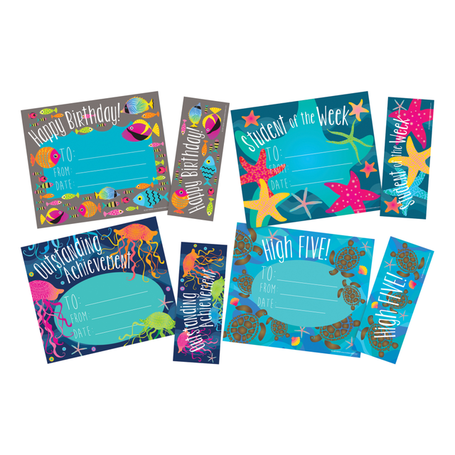 Celebrate positive behavior and student achievements with these thoughtfully designed Awards & Bookmarks Sets.  This Kai Ola set recognizes outstanding achievement, birthdays, students of the week, and a high five for overall achievements  Includes 4 sets of beautiful ocean themed awards with attached bookmarks to celebrate your students!  There are 30 each of the 4 designs.  Award/Bookmarks included are Happy Birthday, Student of the Week, Outstanding Achievement, and High Five!  Awards measure 5-1/2in x 6-3/4in, while the bookmarks measure 5-1/2in x 1-3/4in.  Set includes 120 awards and 120 bookmarks.  Companion bookmarks can be used over and over by recipients to remind them of their accomplishments  Comes with 4 sets, including High Five!, Happy Birthday, Student of the Week and Outstanding Achievement.