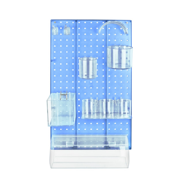 Help keep your classroom essentials organized or create a hands-on learning center with this Azar Displays 10-Piece Pegboard Organizer Kit. The kit includes a sturdy plastic panel with perforations to attach the included hooks, cups and other accessories as you see fit.  Made of high-impact styrene and acrylic for durability.  Panel measures 22inH x 13-1/2inW x 7/8inD and features perforations for flexibility.  Kit includes two 2in polycarbonate hooks, a 3in cup, a 4in cup, a 3-cup tray, an 11-3/4in x 5in headband holder, a 4in cube bin and a half round bar.  Blue for a bright and bold look.