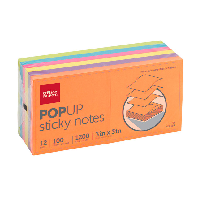 You can be sure your messages get noticed with these beautifully colorful sticky notes. Jot down comments, reminders, notes, or instructions to place on papers, calendars, screens, and other surfaces. These pop-up notes offer convenient 1-handed dispensing at your desk.  Notes pop up 1 at a time.  Great for jotting down messages and quick notes.  Self-stick style can be removed and repositioned as needed.  3in x 3in (approximate) size gives you ample space for details.  Vivid shades are bright and eye-catching.