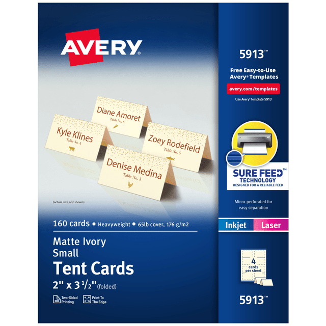 AVERY PRODUCTS CORPORATION Avery 5913  Printable Small Tent Cards With Sure Feed Technology, For Laser Or Inkjet Printers, 2in x 3.5in, Ivory, 160 Blank Place Cards