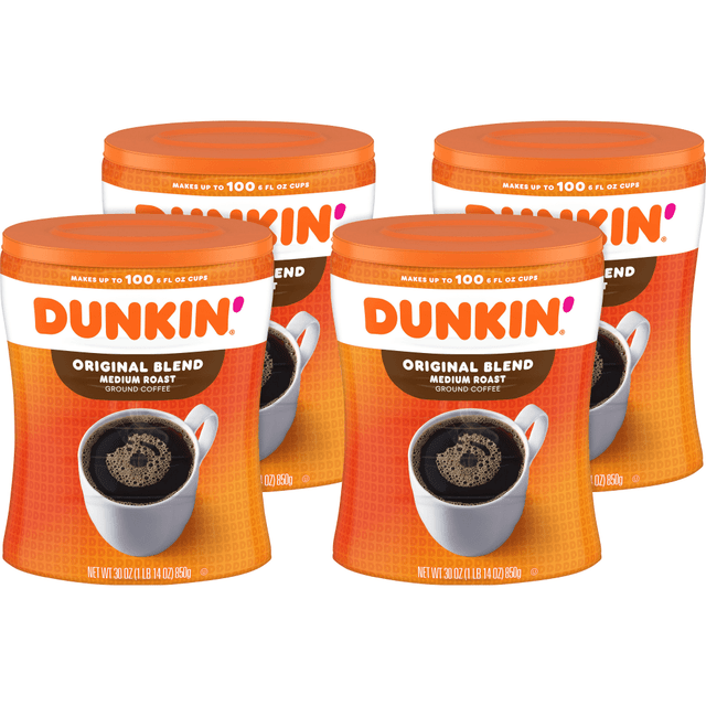 SAHALE SNACKS 01102CT Dunkin Donuts Original Blend Ground Canister Coffee, Medium Roast, Case Of 4, 30 Oz Per Canister