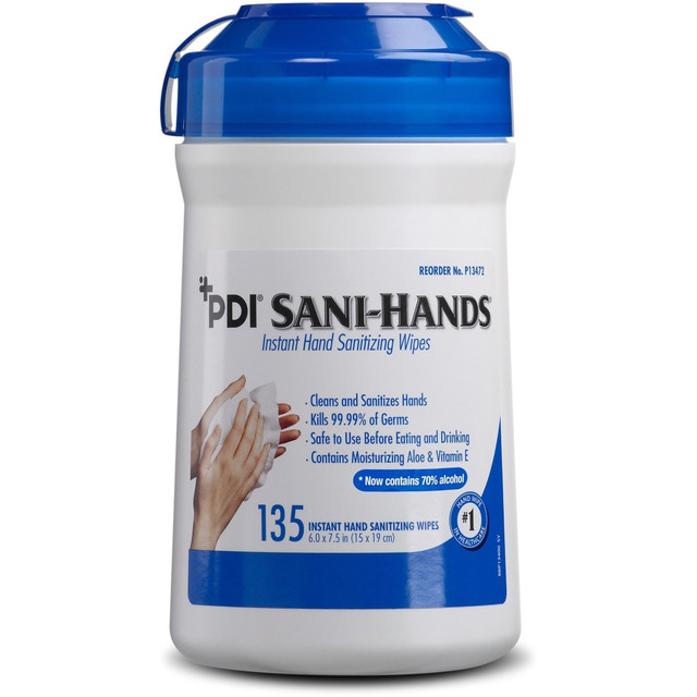 PDI HEALTHCARE Nice-Pak P13472CT PDI Sani-Hands Instant Hand Sanitizing Wipes - 6in x 7.50in - White - 135 Per Canister - 12 / Carton