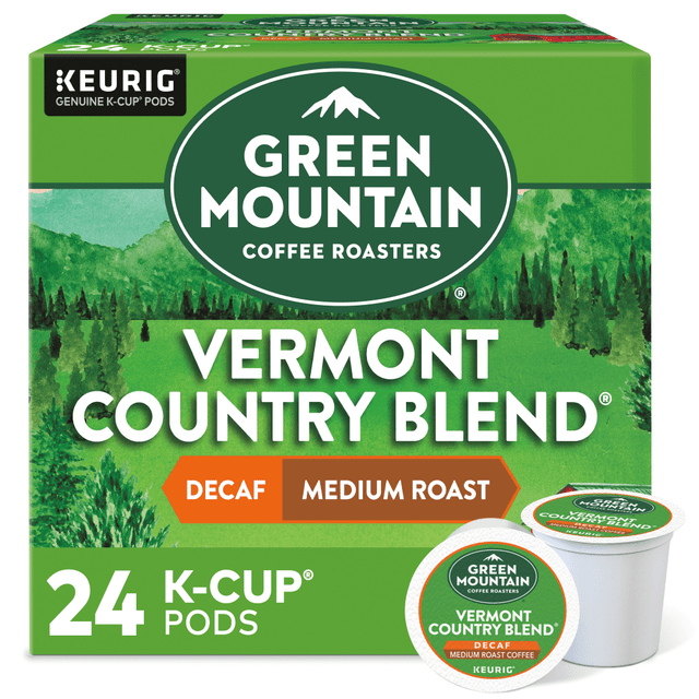 GREEN MOUNTAIN COFFEE ROASTERS, INC. 7602 Green Mountain Coffee Single-Serve Coffee K-Cup Pods, Decaffeinated, Vermont Country Blend, Carton Of 24 GREEN MOUNTAIN COFFEE ROASTERS, INC. 7602 Green Mountain Coffee Single-Serve Coffee K-Cup Pods, Decaffeinated, Vermont Country Blend, Carton Of 24