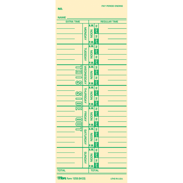 TOPS BUSINESS FORMS 12593 TOPS Named Days Time Cards - 3 1/2in x 9in Sheet Size - Manila Sheet(s) - Green Print Color - 100 / Pack TOPS BUSINESS FORMS 12593 TOPS Named Days Time Cards - 3 1/2in x 9in Sheet Size - Manila Sheet(s) - Green Print Color - 100 / Pack