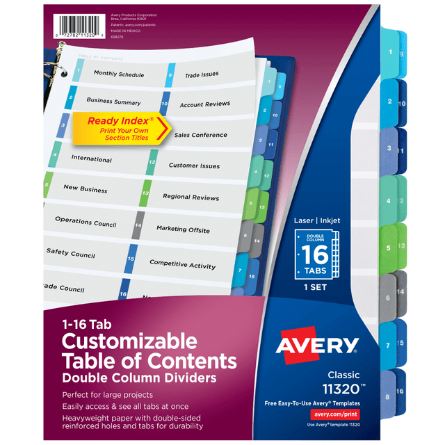 AVERY PRODUCTS CORPORATION 11320 Avery Ready Index 1-16 Tab Double Column Binder Dividers With Customizable Table Of Contents, 8-1/2in x 11in, 16 Tab, White/Multicolor, 1 Set