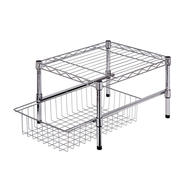 HONEY-CAN-DO INTERNATIONAL, LLC SHF-01867 Honey-Can-Do Adjustable Cabinet Organizer With Shelf And Basket, 11inH x 14 3/4inW x 17 3/4inD, Chrome HONEY-CAN-DO INTERNATIONAL, LLC SHF-01867 Honey-Can-Do Adjustable Cabinet Organizer With Shelf And Basket, 11inH x 14 3/4inW x 17 3/4inD, Chrome
