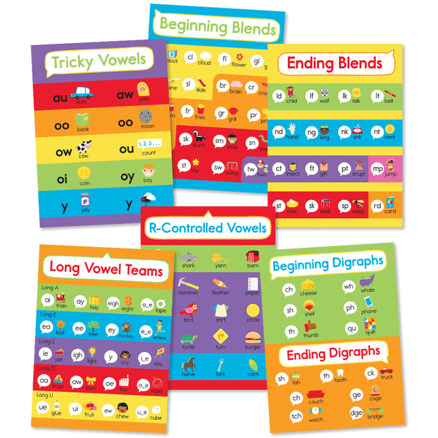 Help students learn important phonics concepts with the Carson Dellosa Education Phonics Bulletin Board Set. Acid-free paper can be reused year after year.  Made from acid-free paper.  Helps students learn long vowel teams, tricky vowels, beginning and ending blends, beginning and ending digraphs and r-controlled vowels.