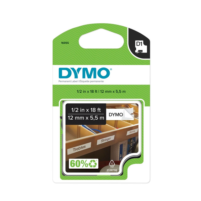 NEWELL BRANDS INC. 16955 DYMO 16955 Black-On-White Permanent Polyester Tape, 0.5in x 18ft