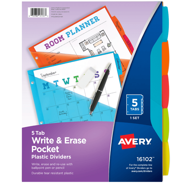 AVERY PRODUCTS CORPORATION Avery 16102  Write & Erase Durable Plastic Dividers With Pockets, 8-1/2in x 11in, Multicolor, Pack Of 5 Dividers