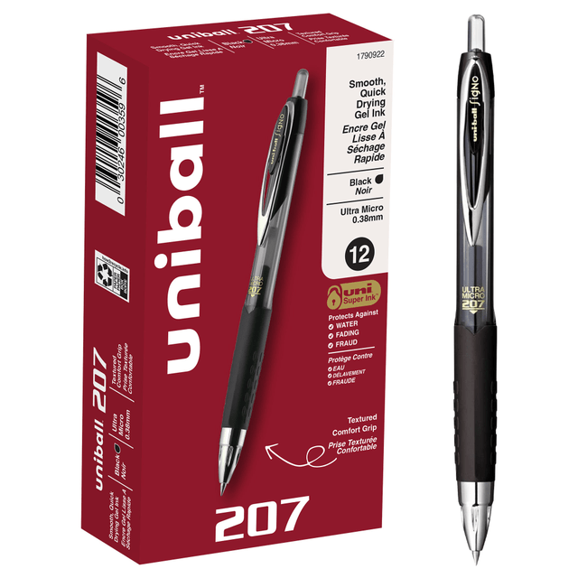 NEWELL BRANDS INC. 1790922 uni-ball 207 Retractable Fraud Prevention Gel Pens, Ultra Micro Point, 0.38 mm, Black Barrels, Black Ink, Pack Of 12 NEWELL BRANDS INC. 1790922 uni-ball 207 Retractable Fraud Prevention Gel Pens, Ultra Micro Point, 0.38 mm, Black Barrels, Black Ink, Pack Of 12