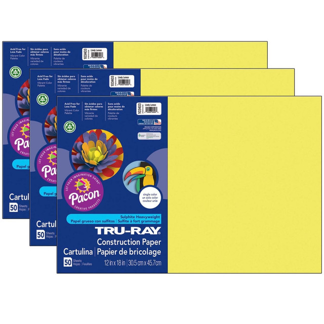 EDUCATORS RESOURCE PAC103403-3 Tru-Ray Construction Paper, 12in x 18in, Lively Lemon, 50 Sheets Per Pack, Set Of 3 Packs