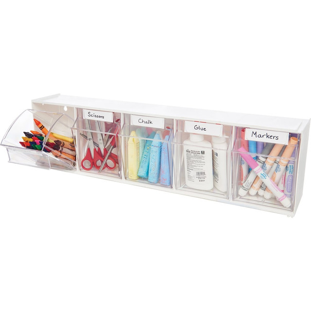 DEFLECT-O CORPORATION 20503OP Deflecto Interlocking Horizontal Tilt Bin, 5 Bins, Small Size, 3 3/10in x 23 5/8in x 3 5/8in, White/Clear DEFLECT-O CORPORATION 20503OP Deflecto Interlocking Horizontal Tilt Bin, 5 Bins, Small Size, 3 3/10in x 23 5/8in x 3 5/8in, White/Clear