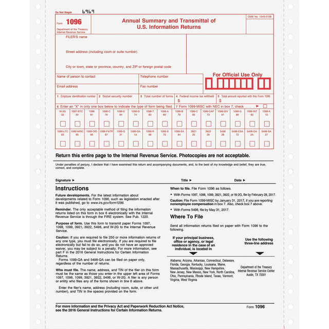 TOPS BUSINESS FORMS 2202 TOPS 1096 Tax Form Carbonless Copy, 8 1/2in x 11in, 2-Part, White, Pack Of 10