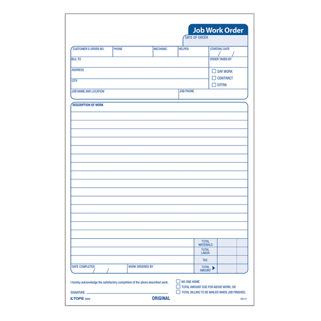 TOPS BUSINESS FORMS 3868 TOPS Triplicate Carbonless Job Work Orders, 5 1/2in x 8 1/2in, Pack Of 50 Forms TOPS BUSINESS FORMS 3868 TOPS Triplicate Carbonless Job Work Orders, 5 1/2in x 8 1/2in, Pack Of 50 Forms