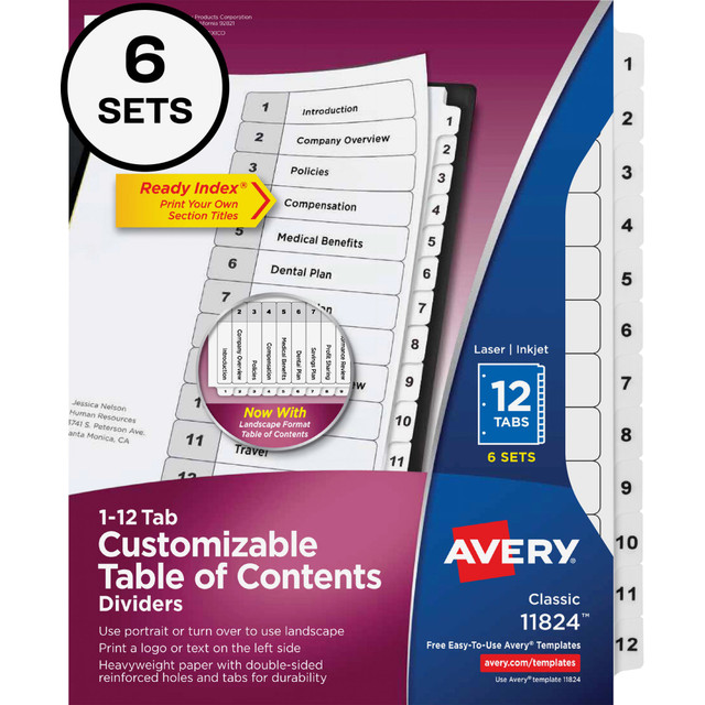 AVERY PRODUCTS CORPORATION 11824 Avery Ready Index Binder Dividers, 8-1/2in x 11in, White, 12 Tabs Per Pack, Set Of 6 Packs