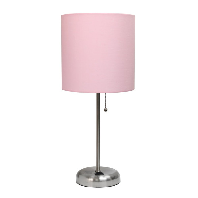 ALL THE RAGES INC Creekwood Home CWT-2009-LP  Oslo Power Outlet Metal Table Lamp, 19-1/2inH, Light Pink Shade/Brushed Steel Base