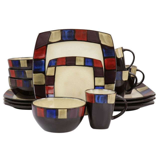 GIBSON OVERSEAS INC. Gibson Elite 995117617M  Soho Lounge Mosaic 16-Piece Square Dinnerware Set, Multicolor