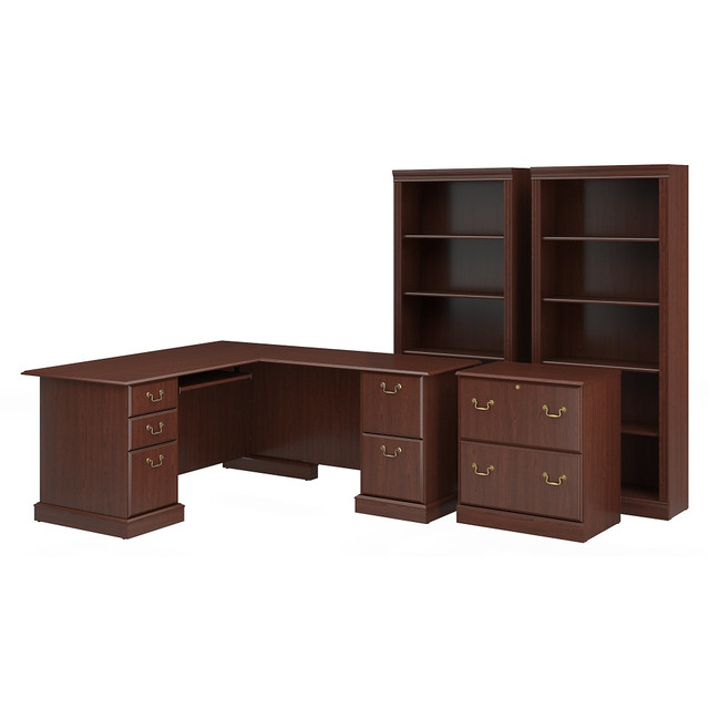 BUSH INDUSTRIES INC. SAR002CS Bush Business Furniture Saratoga 66inW L-Shaped Corner Desk With Lateral File Cabinet And Two 5-Shelf Bookcases, Harvest Cherry, Standard Delivery BUSH INDUSTRIES INC. SAR002CS Bush Business Furniture Saratoga 66inW L-Shaped Corner Desk With Lateral File Cabinet And Two 5-Shelf Bookcases, Harvest Cherry, Standard Delivery